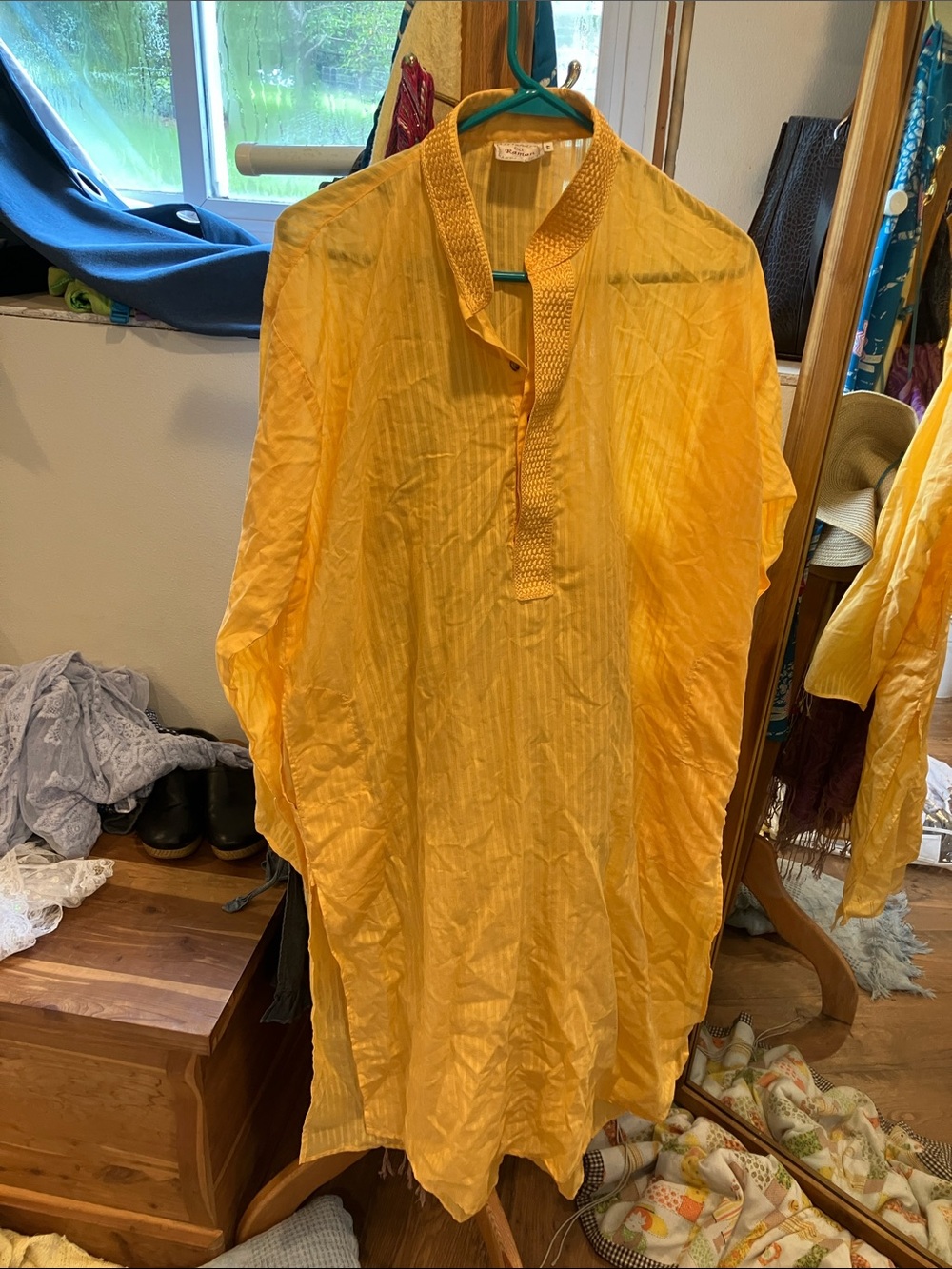 Mandarin-Collar Yellow Casual Button-Down Indian style shirt cotton Kurta